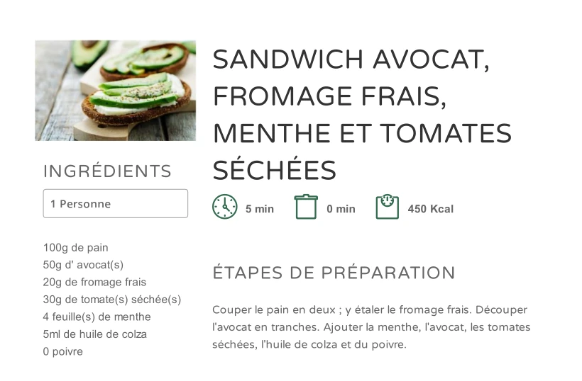 SANDWICH AVOCAT, FROMAGE FRAIS, TOMATES SÉCHÉES