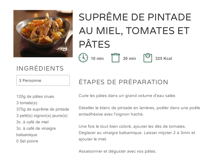 Pintade au Miel, Tomates et Pâtes