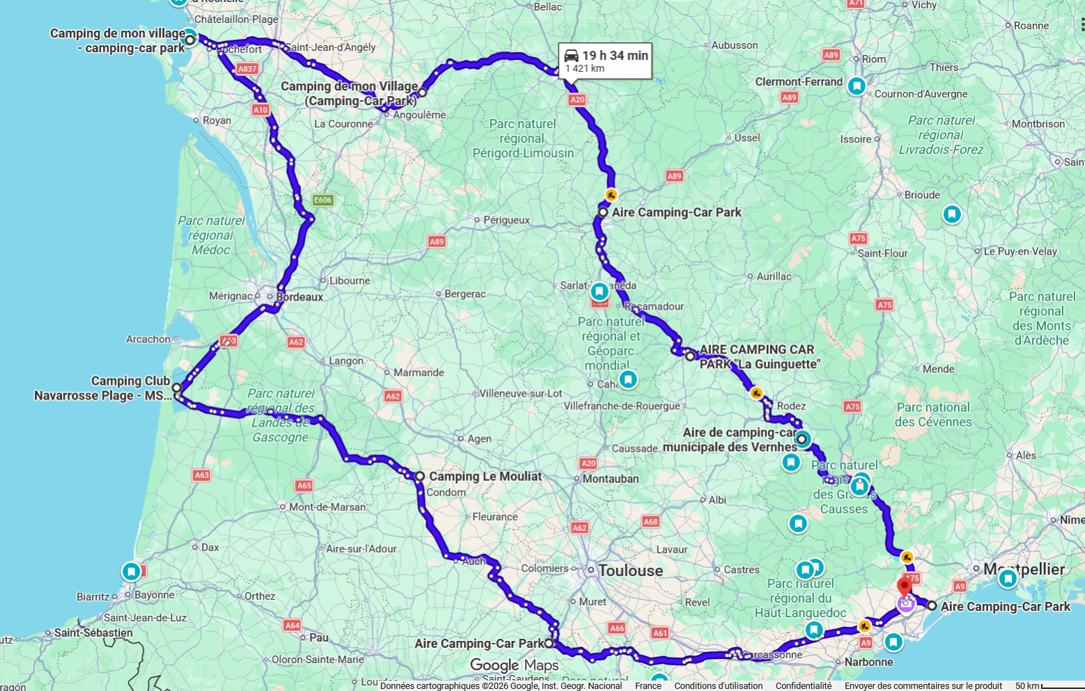 Carte de l'itinéraire complet du road trip dans le sud-ouest de la France